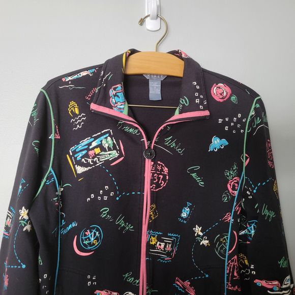 Koret Women's Vintage Black Novelty Travel Print Full Zip Jacket Pockets Size M - Picture 2 of 5